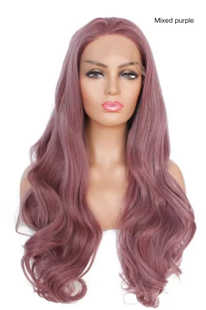 Colorful synthetic lace front wig in mixed purple with soft flowing waves, shown from the front
