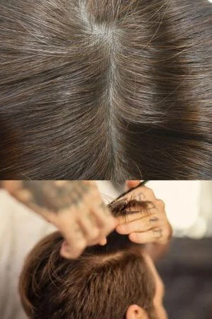 Underside of the toupee showing the lace front, silk crown, and thin PU layer around the sides and back