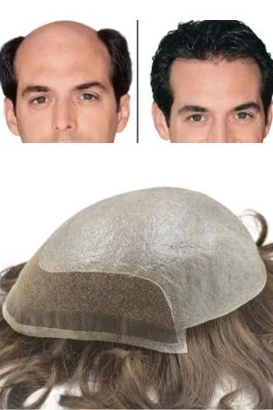 Underside of the toupee showing the 0.06mm skin base and lace front with bleached knots
