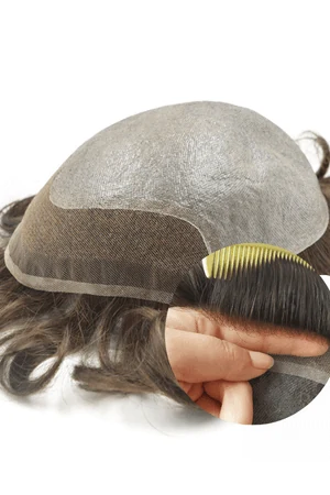 Human hair super thin skin lace front toupee for men shown from above with the front hairline visible