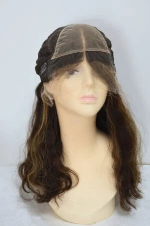 Wig styled on a mannequin head with the water wave pattern and natural parting
