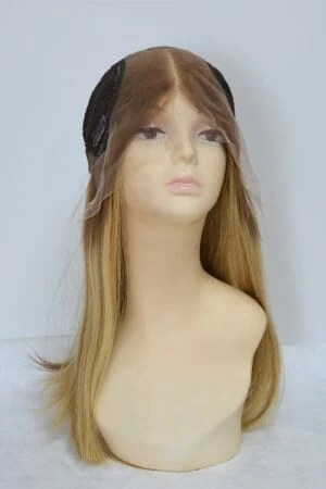 Side view of the high-quality human hair wig with dark roots and silky straight texture