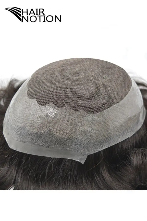 Lace skin hair system for men shown from above with the front lace hairline visible