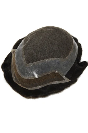 LACN lace hair system shown on a head with the hair parted to reveal the lace base