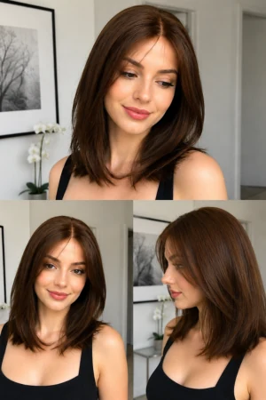 Front view of the lace top wig on a mannequin head with a natural parting and soft fall