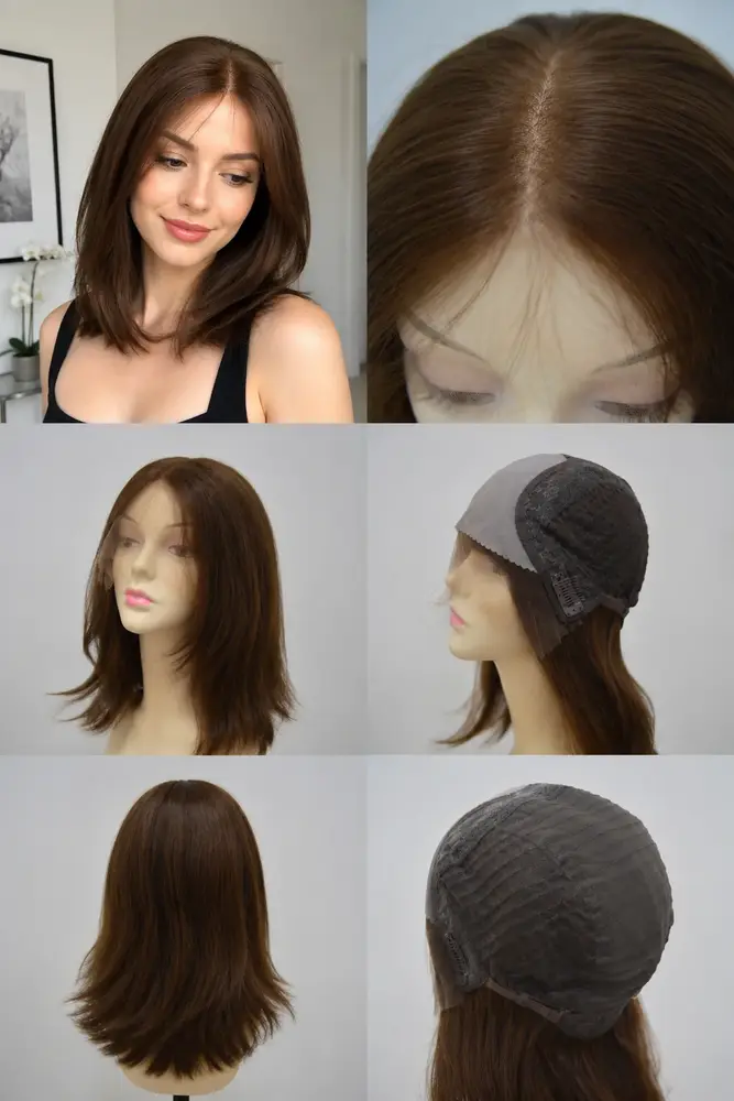 Underside of the lace top wig showing the French lace base and lightly bleached knots