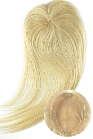 CHRM hair topper with 16 inch length shown in a side profile with natural parting