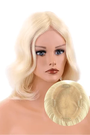 CHRM mono top ladies hair topper shown from above with the front hairline and clips visible