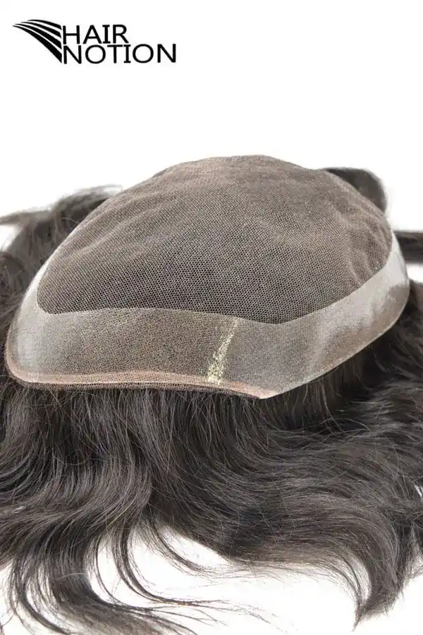 Customized LT 640# NS women's hair system shown from above with the freestyle hairline and grey hair blend visible