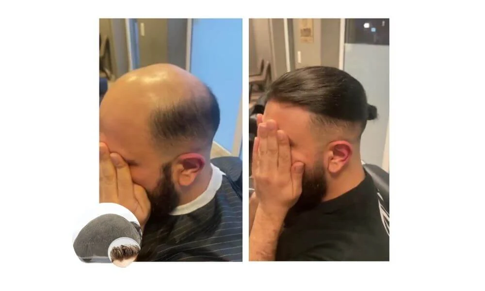 Toupee styled on a mannequin head showing the front parting and natural hairline