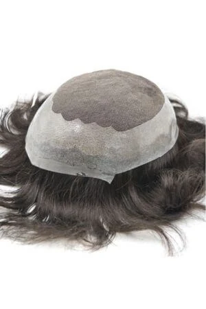HairNotion Durable Swiss Lace Top With Skin Male Wig #1b50 shown from above with the lace crown and skin perimeter visible