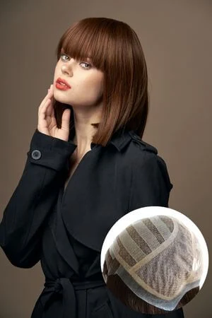 LFSS silk top medical wig shown from above with the lace front visible
