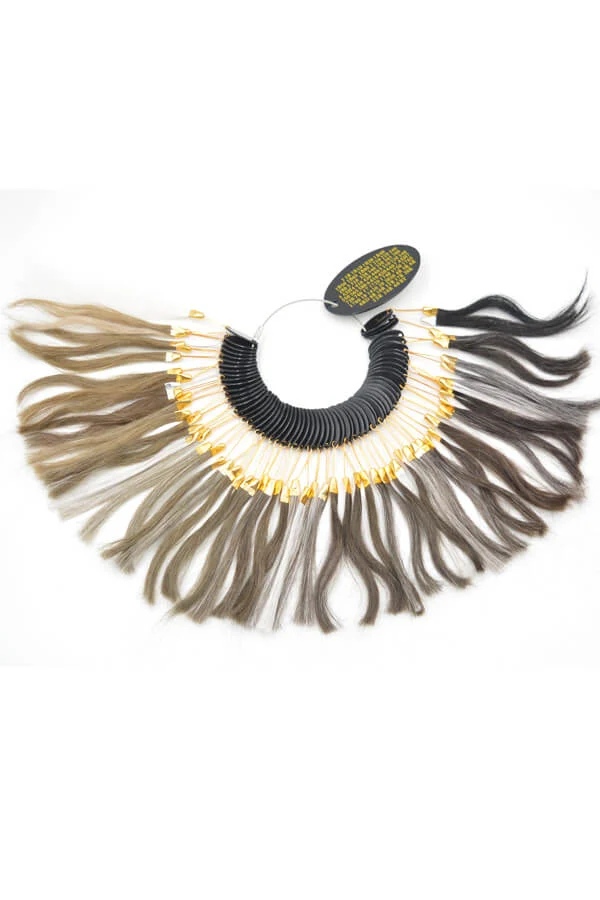 Men's hair colour ring showing swatches of 1# jet black through 613#, including grey blend codes