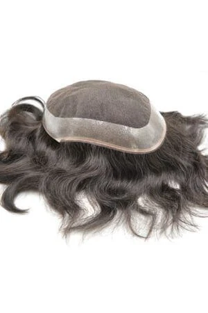 HairNotion men's grey hair piece with Super Swiss lace front shown from above, highlighting the double folded net and clear poly-coated edge