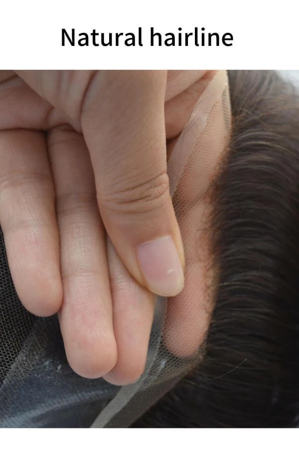 Male lace front mono toupee shown from above with the front hairline visible and bleached knots