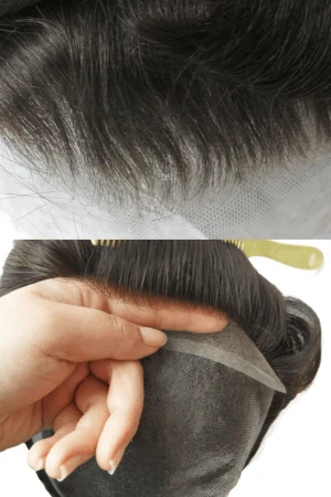 Underside of the lace front hairpiece showing the thin skin layer and bleached knots