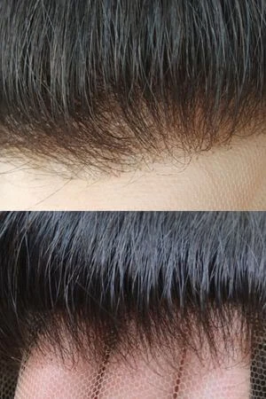 Men's lace front wig styled on a mannequin head showing the front parting and natural hairline