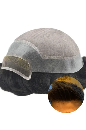 Men's lace front wig shown from above with the front hairline visible and bleached knots