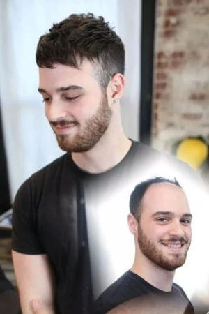 Lace top of the toupee shown to highlight breathability and softness