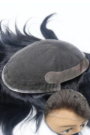 French lace front men's hair system shown from above with the front hairline visible