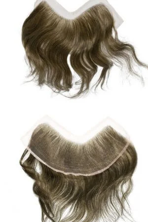 Men's lace frontal hair system shown from above with the front hairline visible