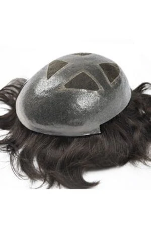 LATP men's hair system shown from above with the French lace center and poly skin perimeter visible