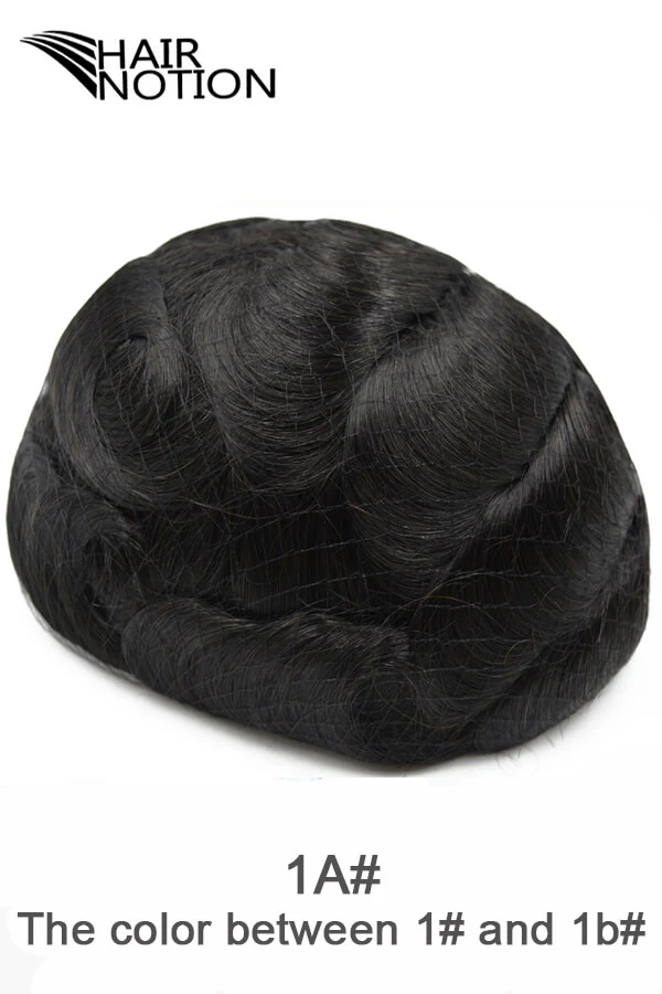 Side view of the toupee showing the lace top and poly-coated base with undervent reinforcement