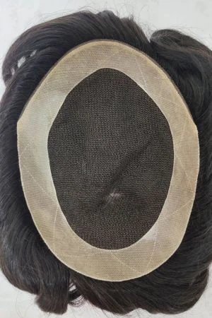 Close-up of the front hairline showing the double folded net and bleached knots
