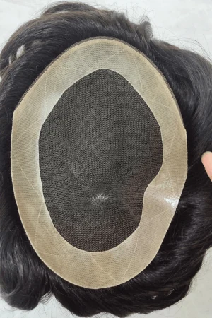 Lace top men's toupee with clear poly-coated edge and double folded net front, shown from above