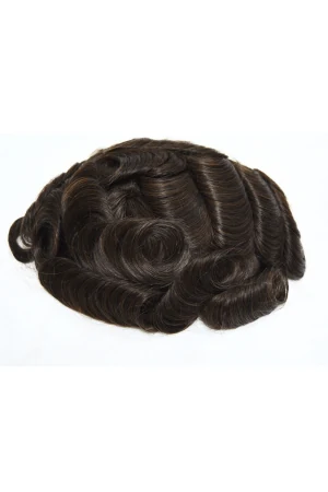 Men's toupee styled on a mannequin head showing the front parting and natural hairline