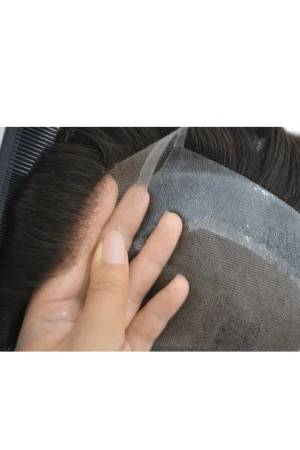Underside of the lace front mono base showing the clear poly (PU) edges and lace front