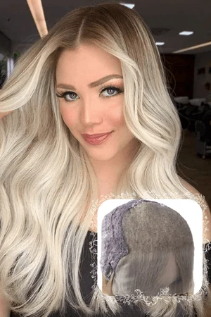 Mona lace top wig shown from above with the front hairline visible and natural straight hair