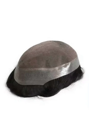 E-AMP mono with 1 inch PU men's hair system shown from above with the front hairline visible