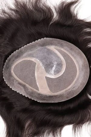 SFMS mono skin toupee for men shown from above with the front hairline visible