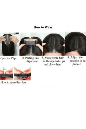 Step-by-step guide showing how to clip in a hair topper on a woman's head
