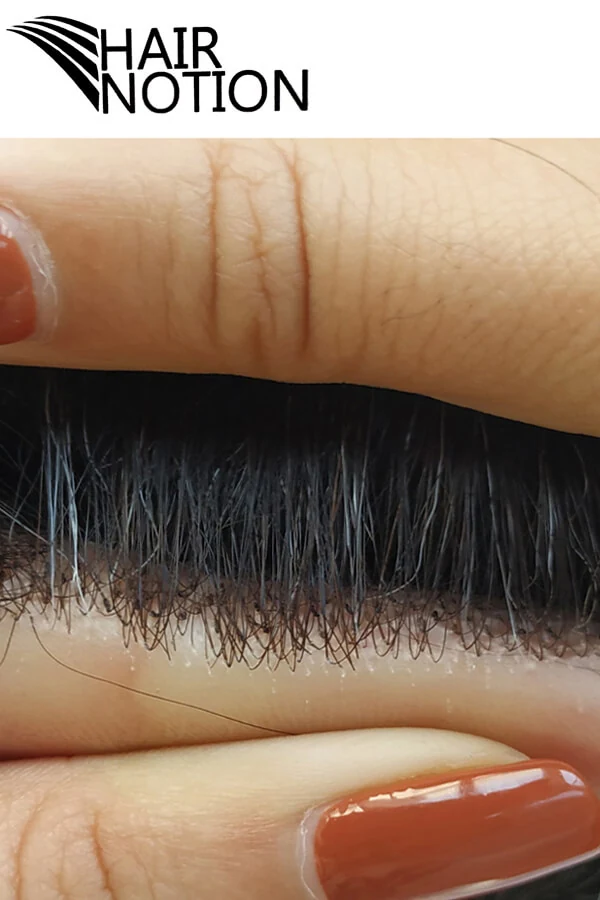 G-STS super thin skin men's hair system shown from above with the front hairline visible