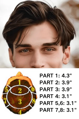 Side-parted men's hair system on a 0.04mm thin skin base, shown from above with the side part and volume visible