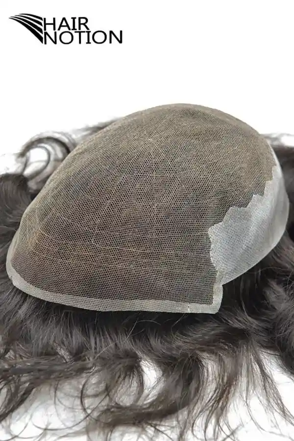 QS CUSTOMIZED men's hair system on full French lace base, shown from above with the front hairline visible