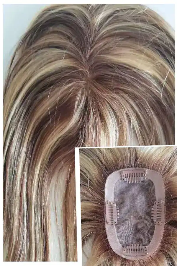 Real Hair Topper for Women shown from above with the transparent mono base and clip attachments visible