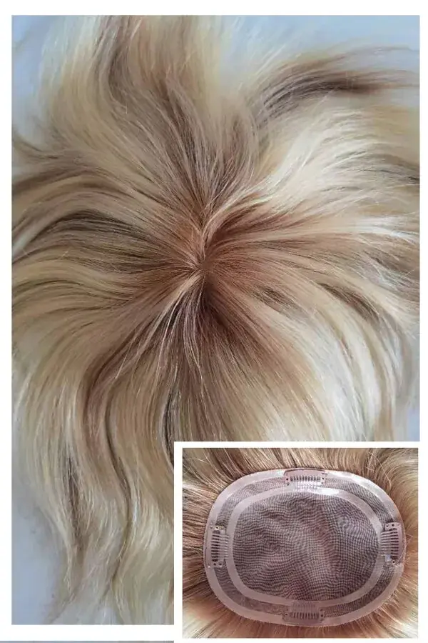 Woman's hair topper with transparent mono base and 15% lighter 8# top section, shown from above with the hair flowing naturally