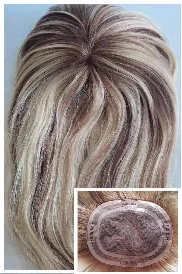 Woman's mono topper with 18 inch straight hair in T9/613# with 9# lighter tone, shown from above with the front hairline visible