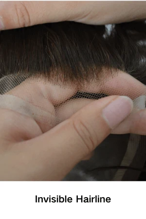 Dark brown SFF toupee worn on a mannequin head showing the side part and natural hairline