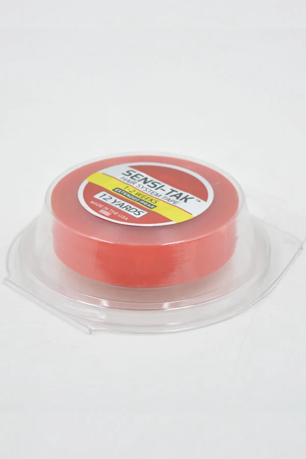 Side view of the tape showing the adhesive layers and blue-foil label