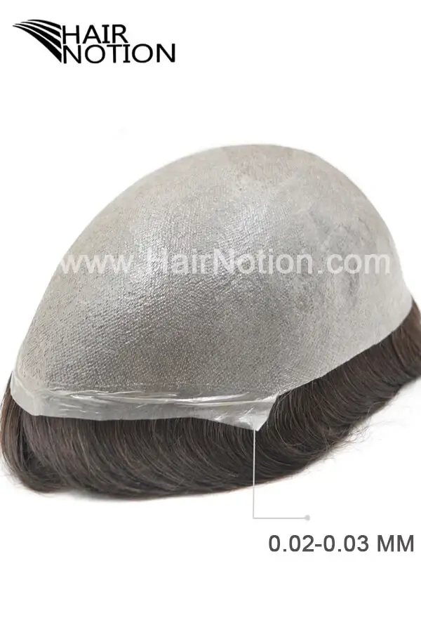 Custom NC all V-loop full skin men hairpiece toupee shown from above with the front hairline visible