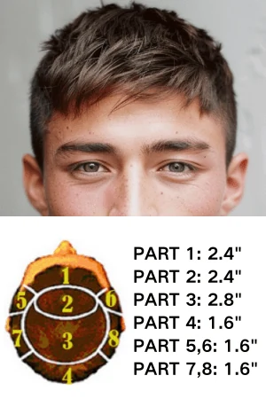 0.04MM super thin skin men's hairpiece shown from above with short messy hairstyle and visible V-loop front
