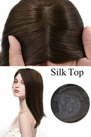 SAURA silk top hair topper for women shown from above with the 5 clips visible