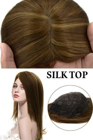 SAURA silk top hair topper shown from above with the 5 clips visible and the front hairline in focus