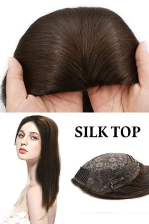 SAURA silk top women's hair topper shown from above with the brush back style visible
