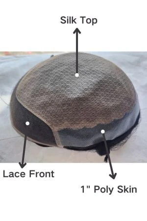 Underside of the toupee showing the 1 inch skin strip at the back and lace front