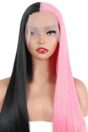 Split Dye Lace Front Wig shown from the front with black and pink half-and-half colour design